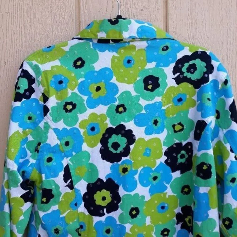 Whimsical 70's Flower Sequin Shaket Jean Jacket Floral Button Down Pockets Sz 10